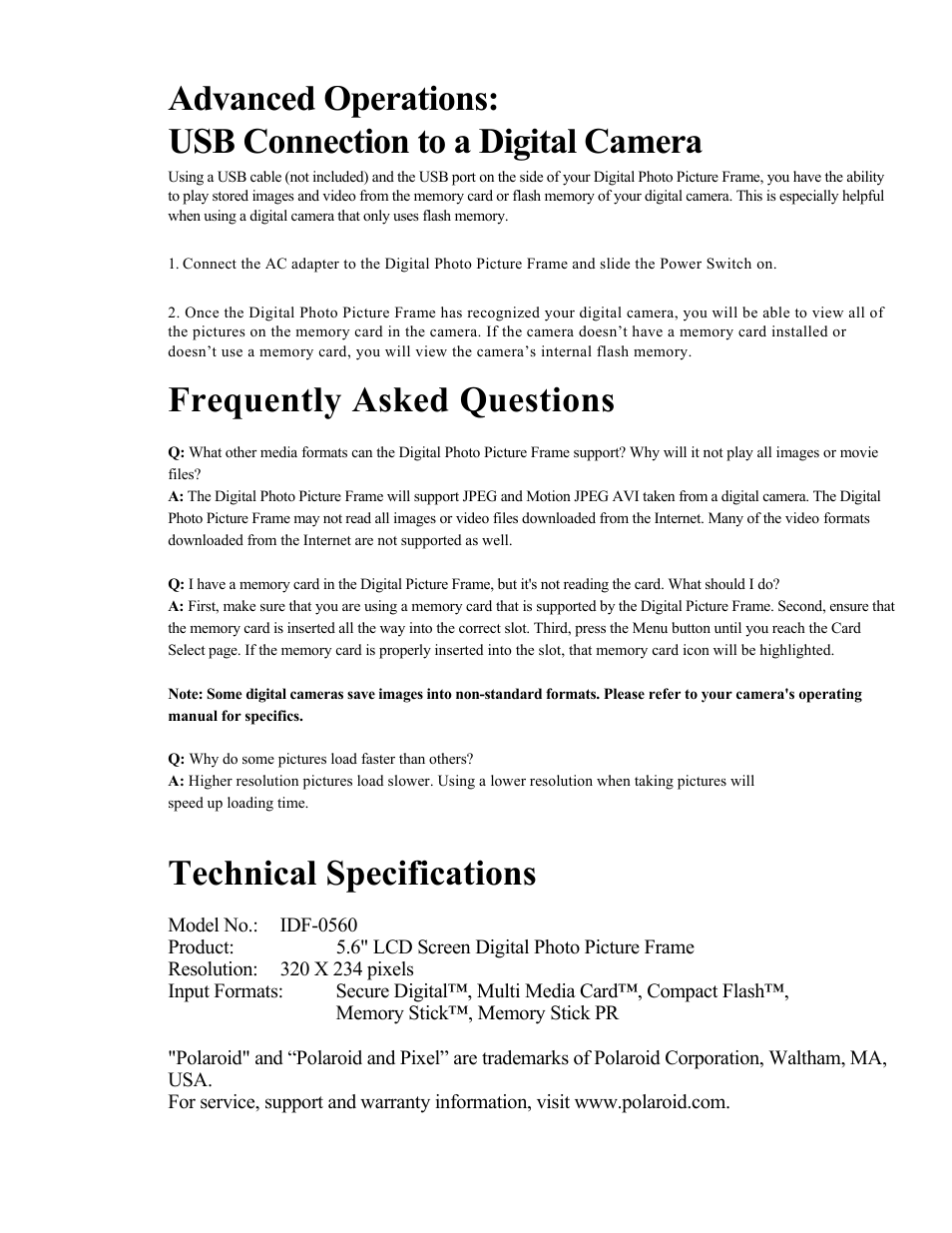 Advanced operations, Usb connection to a digital camera, Frequently asked questions | Technical specifications | Polaroid IDF-0560 User Manual | Page 8 / 8