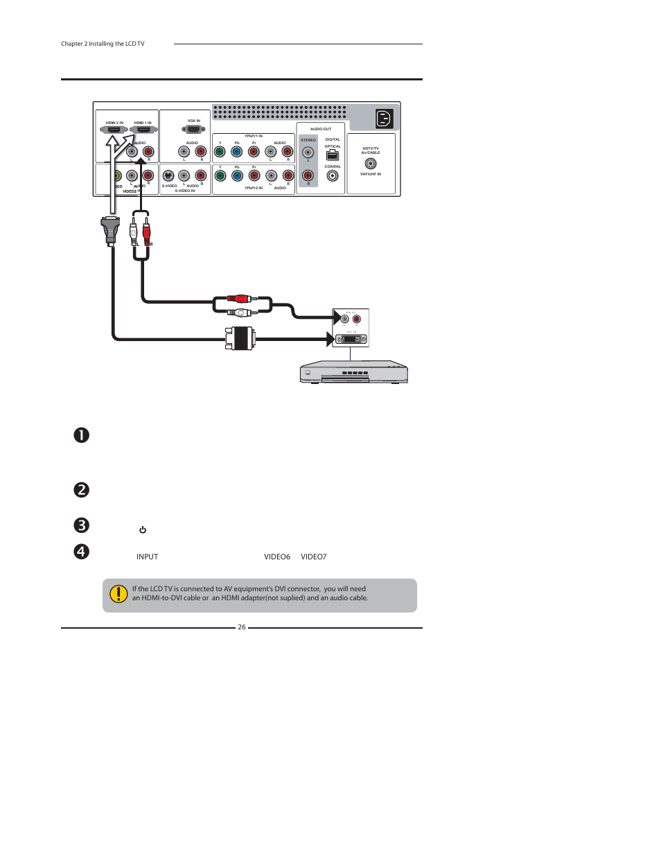 Connecting an av equipment with dvi connector, Use an audio cable to connect the, Audio output jacks to lcd tv’s hdmi audio jacks | Polaroid 4011-TLXB User Manual | Page 28 / 64