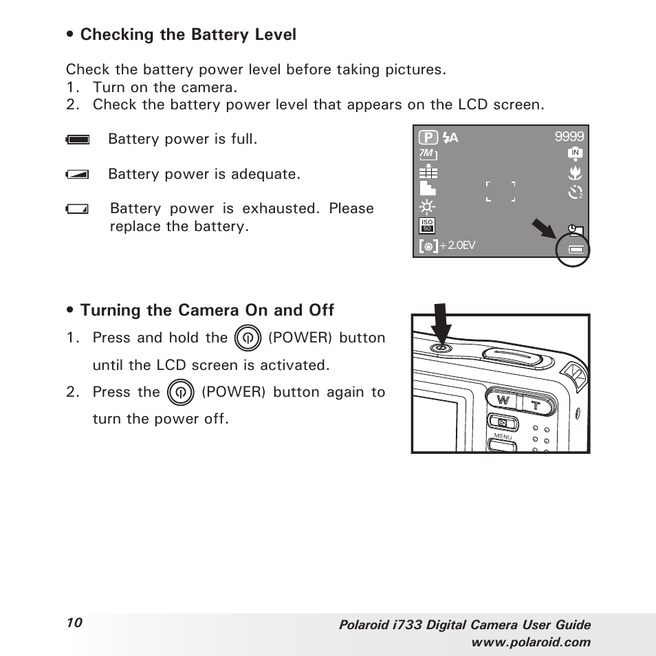 Checking the battery level, Turning the camera on and off | Polaroid i733 User Manual | Page 10 / 105