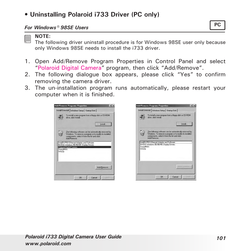 Uninstalling polaroid i733 driver (pc only) | Polaroid i733 User Manual | Page 101 / 105