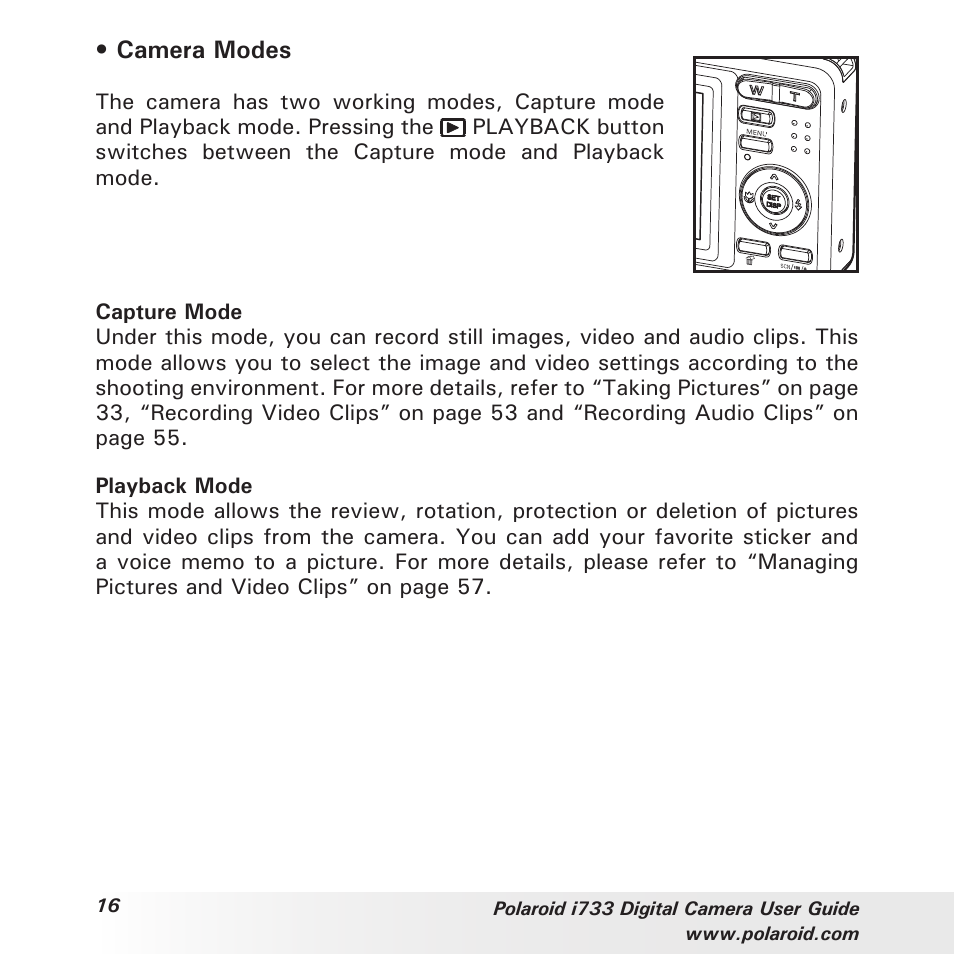 Camera modes | Polaroid i733 User Manual | Page 16 / 105