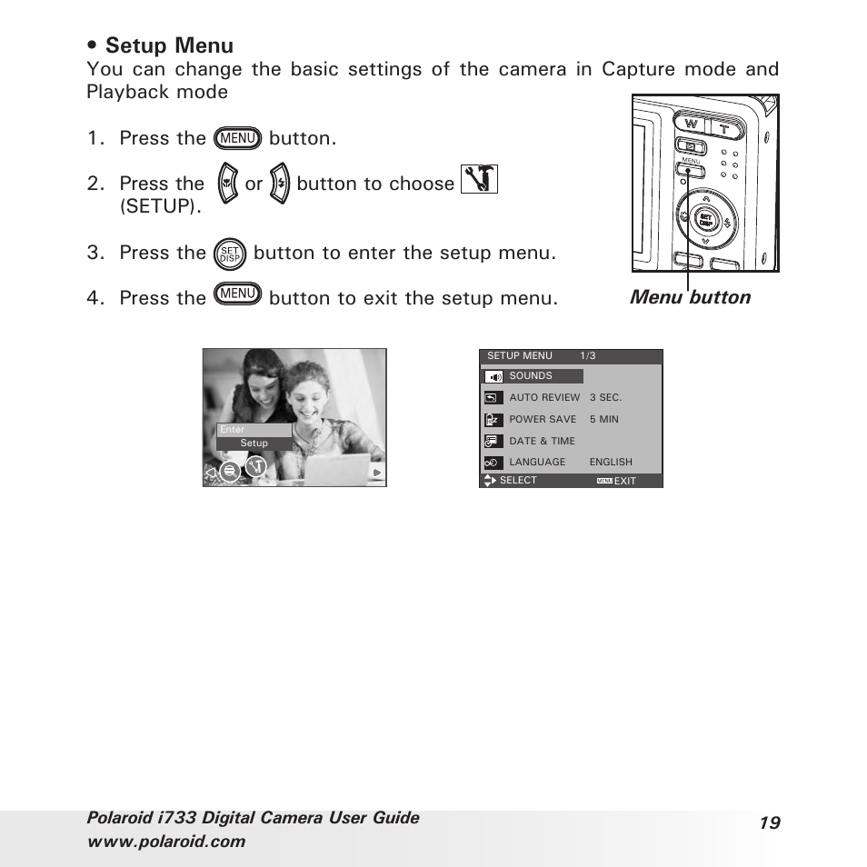 Setup menu | Polaroid i733 User Manual | Page 19 / 105