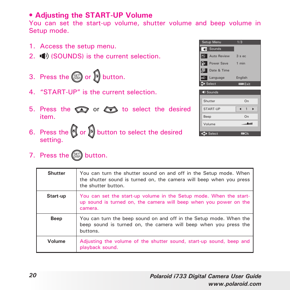 Adjusting the start-up volume | Polaroid i733 User Manual | Page 20 / 105