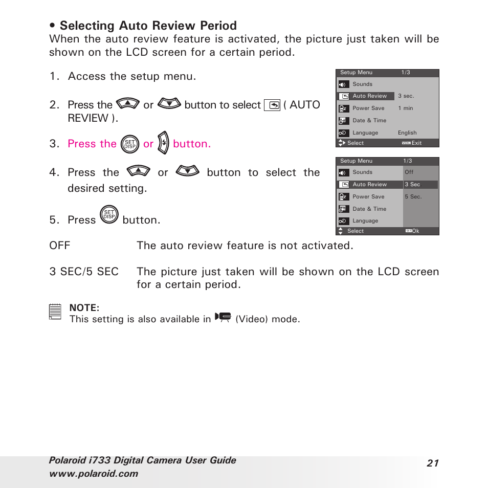Selecting auto review period | Polaroid i733 User Manual | Page 21 / 105