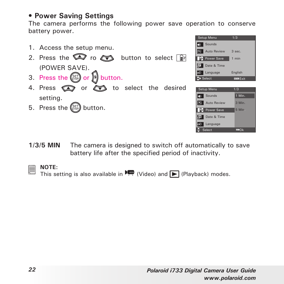 Power saving settings | Polaroid i733 User Manual | Page 22 / 105