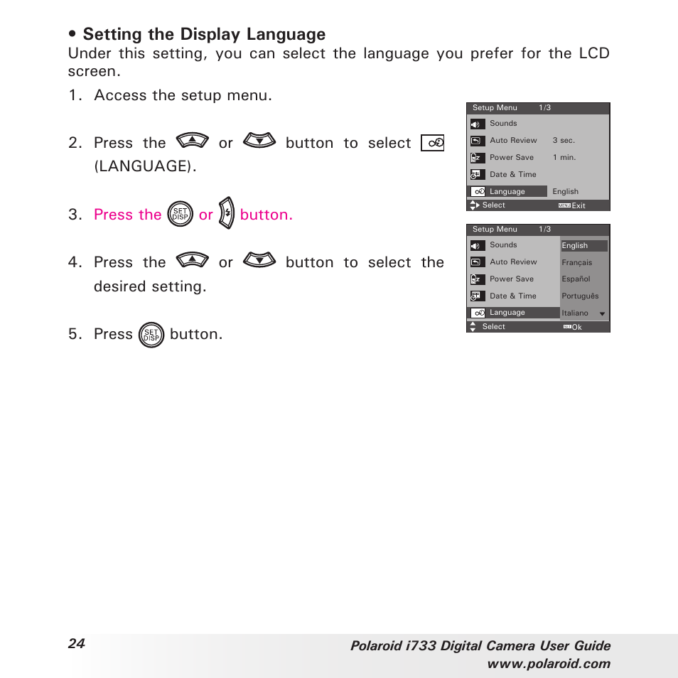 Setting the display language | Polaroid i733 User Manual | Page 24 / 105