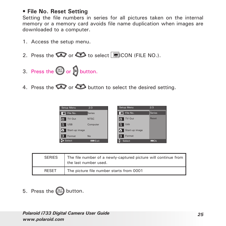 File no. reset setting, Press the button | Polaroid i733 User Manual | Page 25 / 105