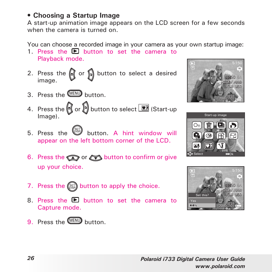 Choosing a startup image | Polaroid i733 User Manual | Page 26 / 105