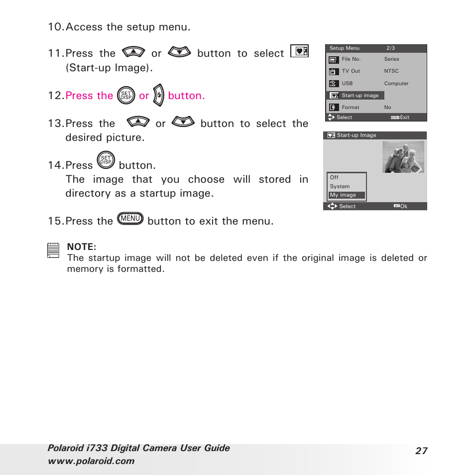 Press the button to exit the menu | Polaroid i733 User Manual | Page 27 / 105