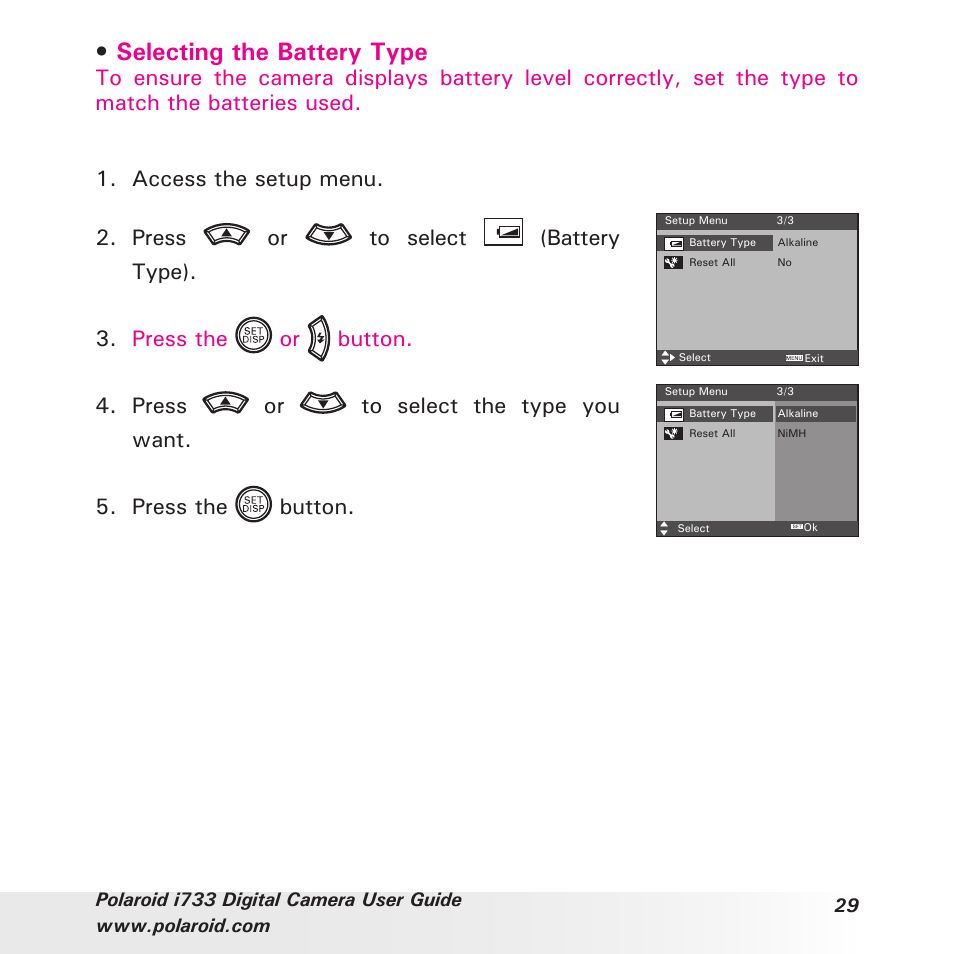 Selecting the battery type | Polaroid i733 User Manual | Page 29 / 105