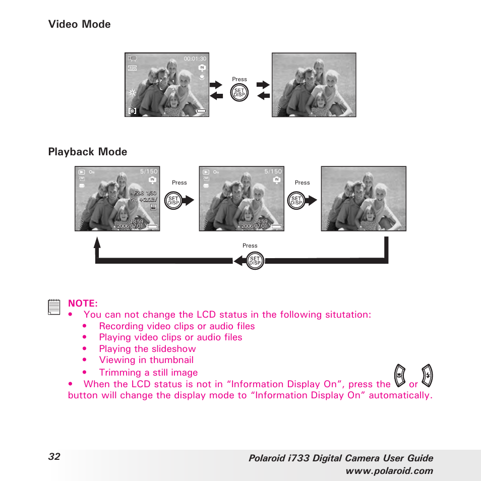 Video mode, Playback mode, Playing video clips or audio files | Polaroid i733 User Manual | Page 32 / 105