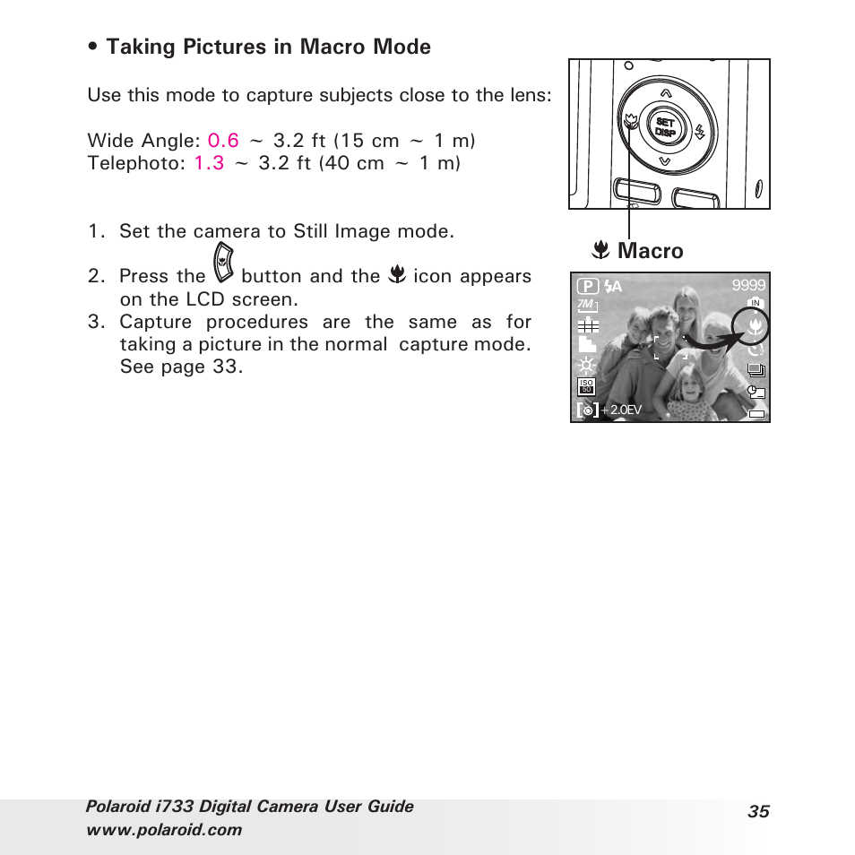 Taking pictures in macro mode, Macro | Polaroid i733 User Manual | Page 35 / 105