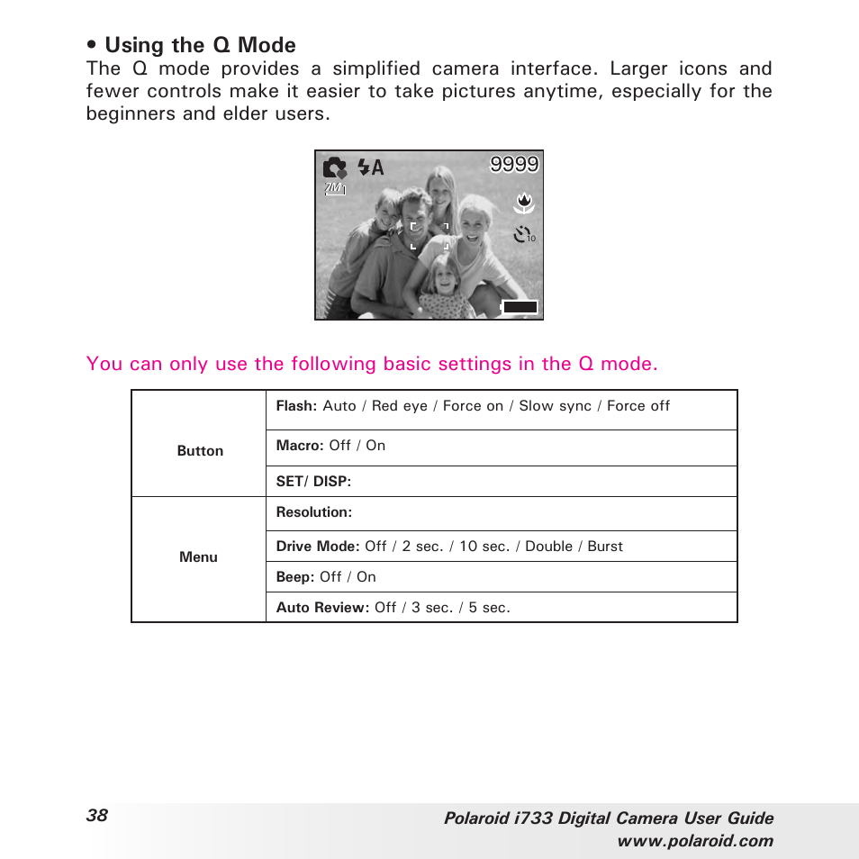 Using the q mode | Polaroid i733 User Manual | Page 38 / 105