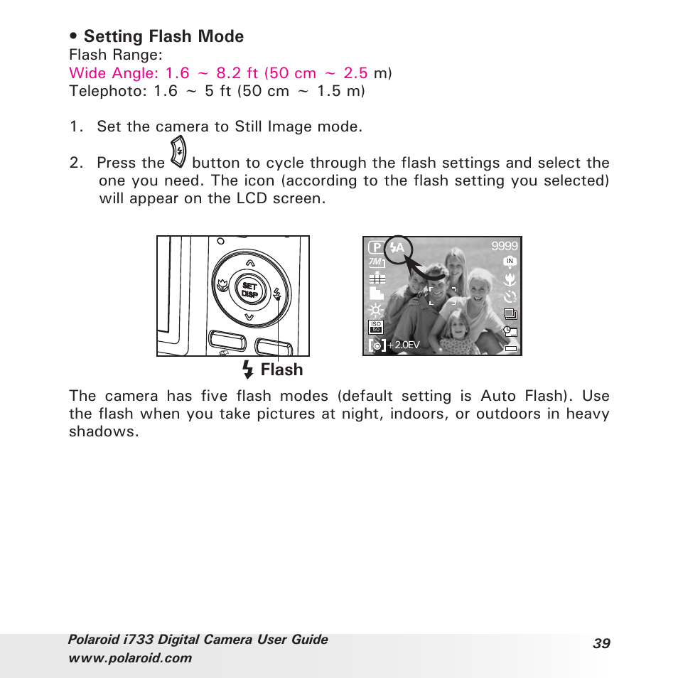 Setting flash mode, Flash | Polaroid i733 User Manual | Page 39 / 105