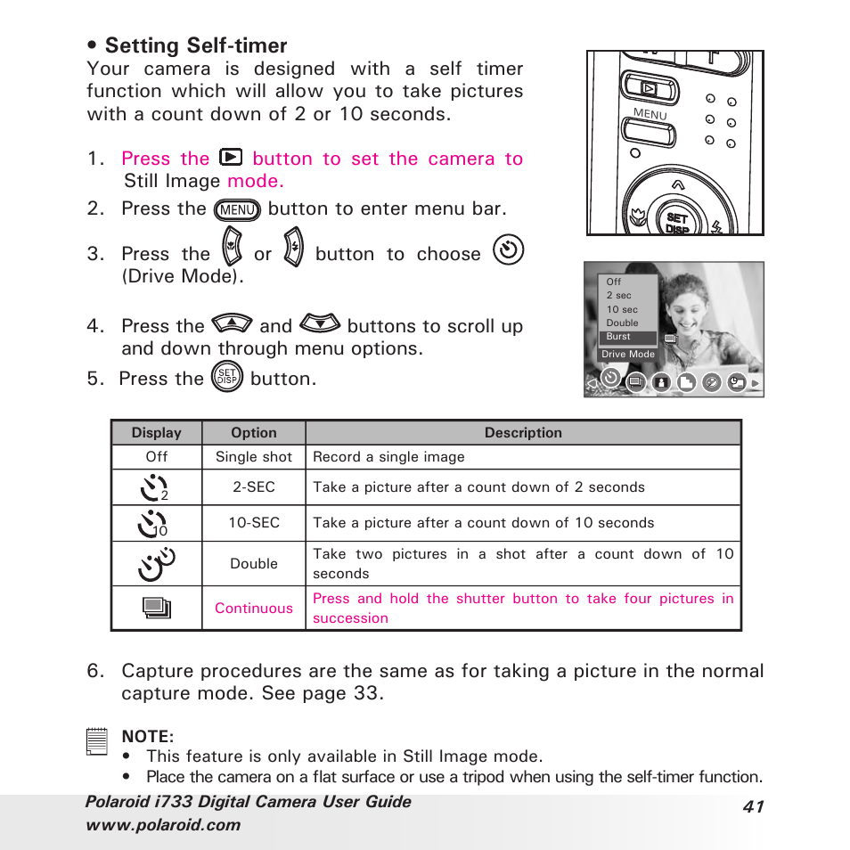 Setting self-timer | Polaroid i733 User Manual | Page 41 / 105