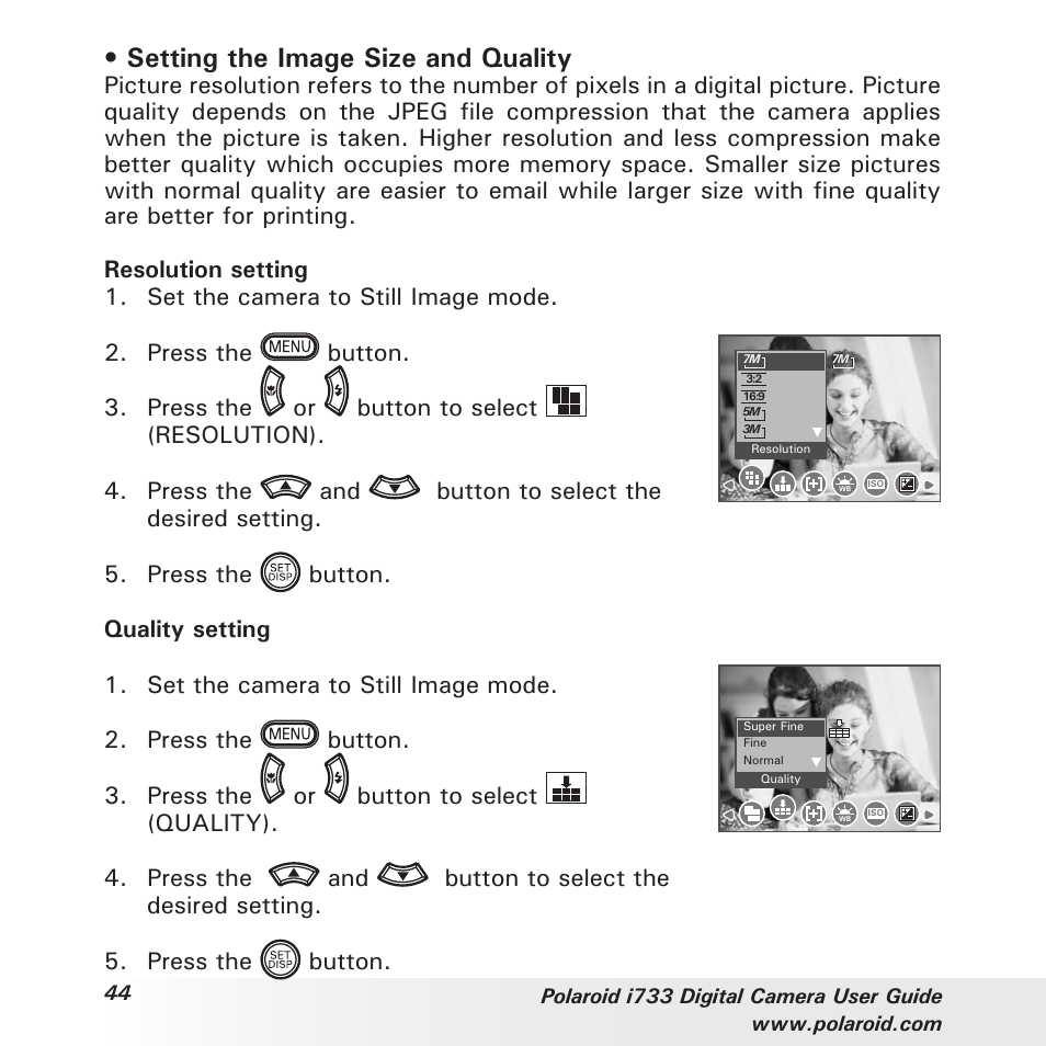 Setting the image size and quality | Polaroid i733 User Manual | Page 44 / 105