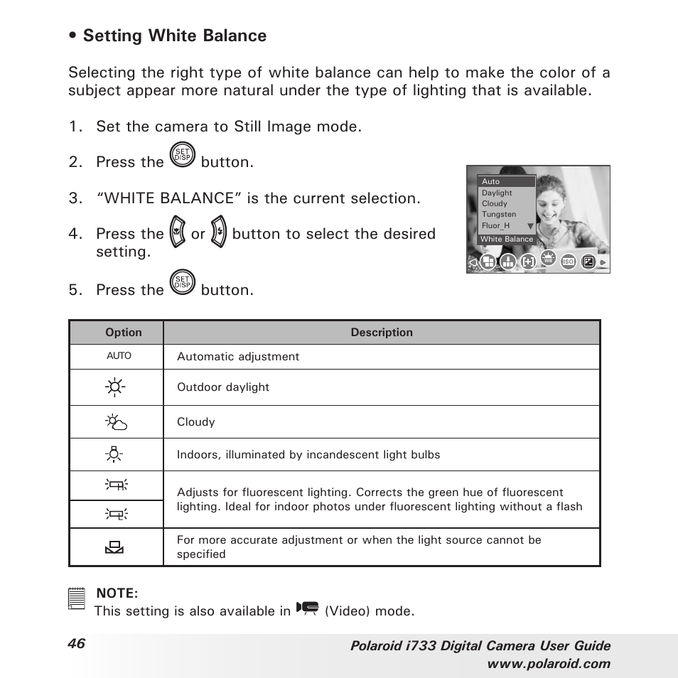 Setting white balance | Polaroid i733 User Manual | Page 46 / 105