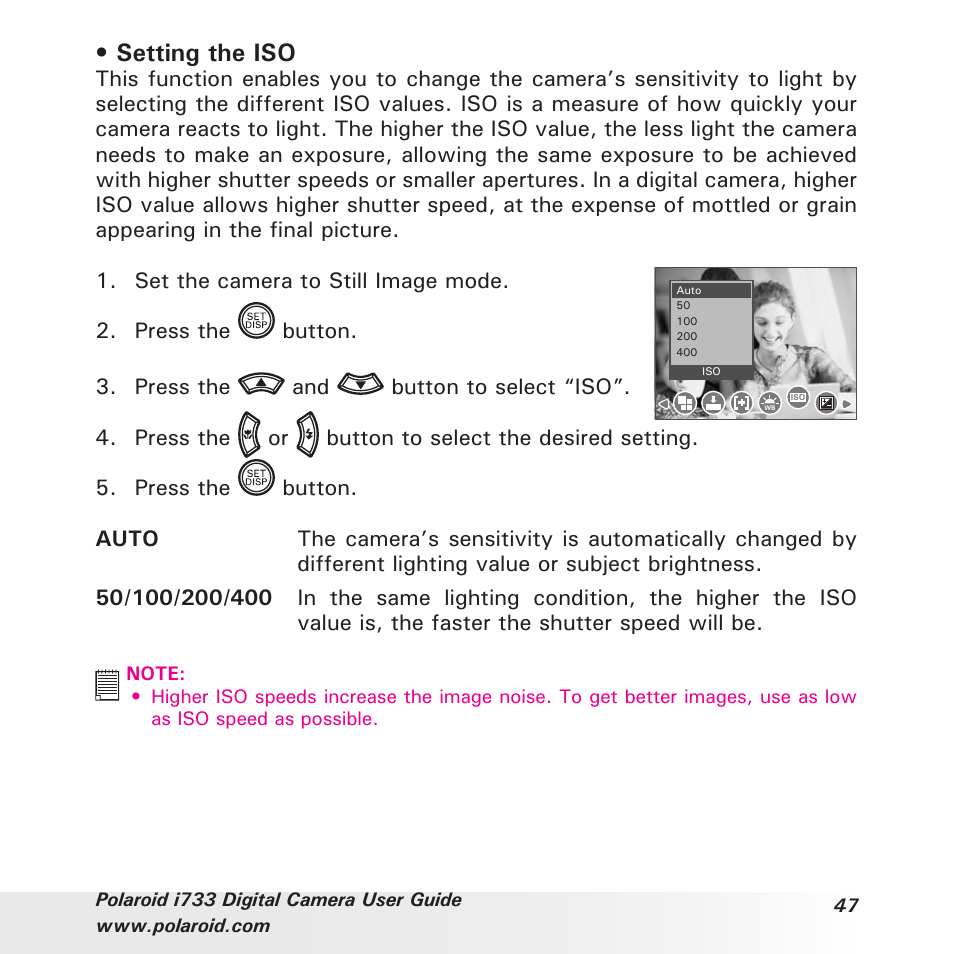 Setting the iso | Polaroid i733 User Manual | Page 47 / 105