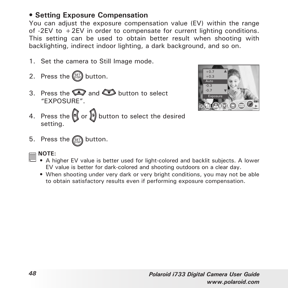 Setting exposure compensation | Polaroid i733 User Manual | Page 48 / 105