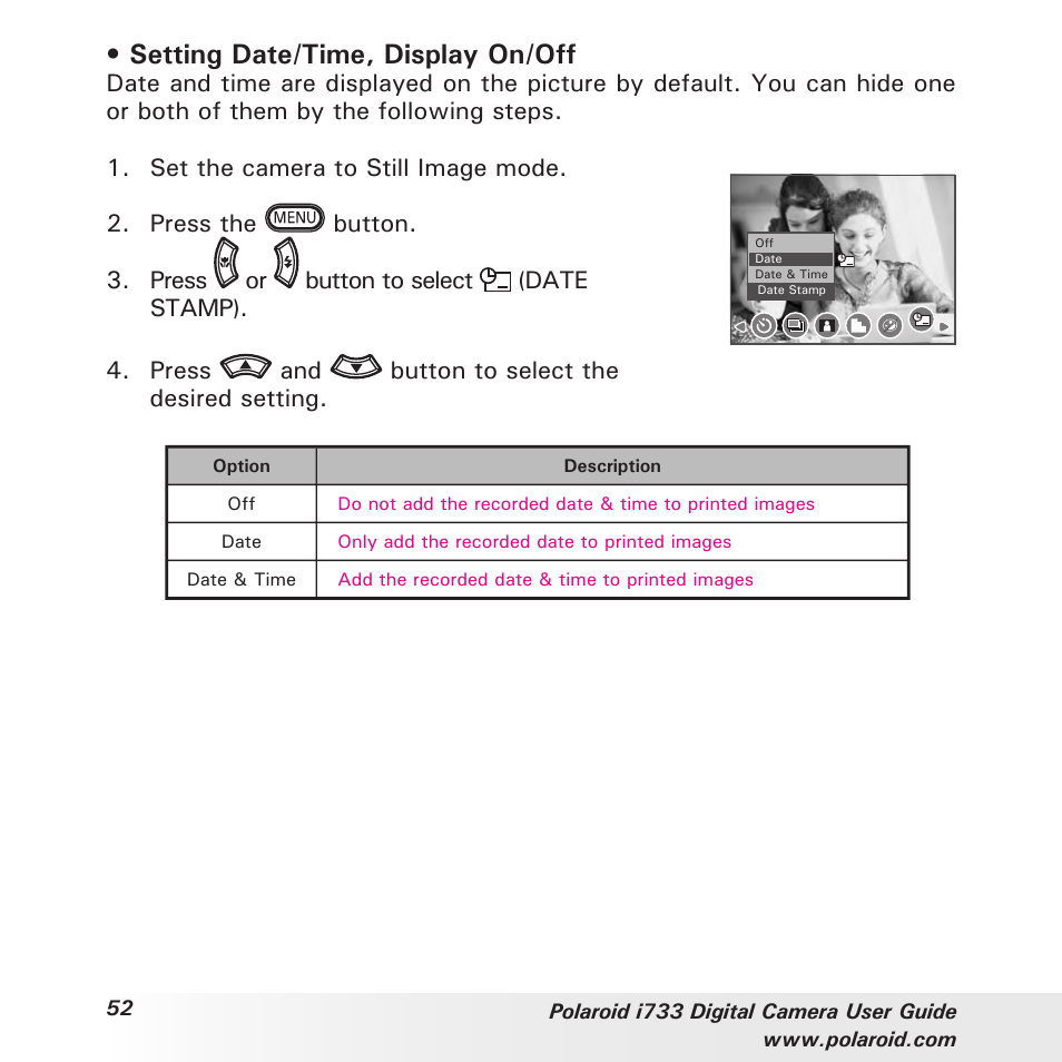 Setting date/time, display on/off, Press and button to select the desired setting | Polaroid i733 User Manual | Page 52 / 105