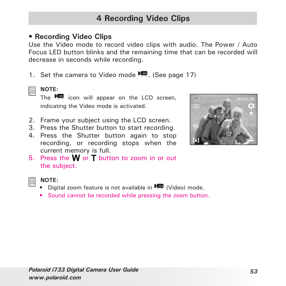 4 recording video clips, Recording video clips | Polaroid i733 User Manual | Page 53 / 105