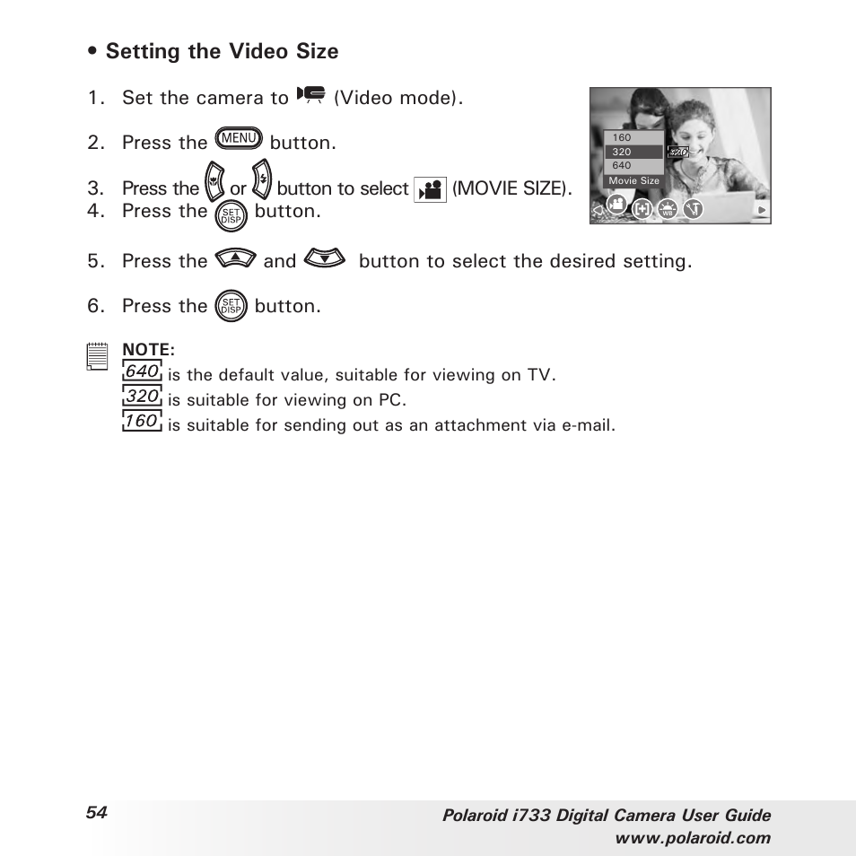 Setting the video size | Polaroid i733 User Manual | Page 54 / 105