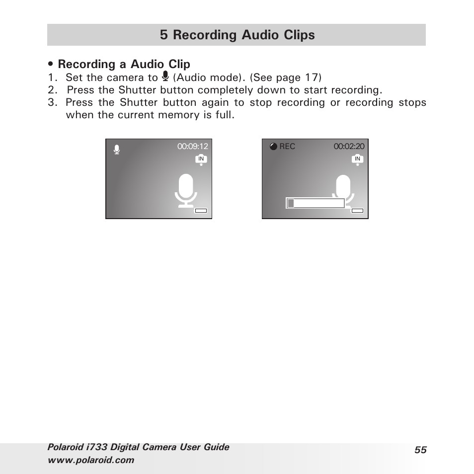 5 recording audio clips, Recording a audio clip | Polaroid i733 User Manual | Page 55 / 105