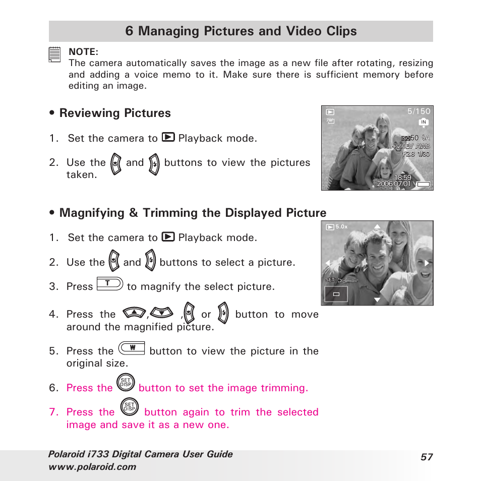 6 managing pictures and video clips, Reviewing pictures, Magnifying & trimming the displayed picture | Polaroid i733 User Manual | Page 57 / 105