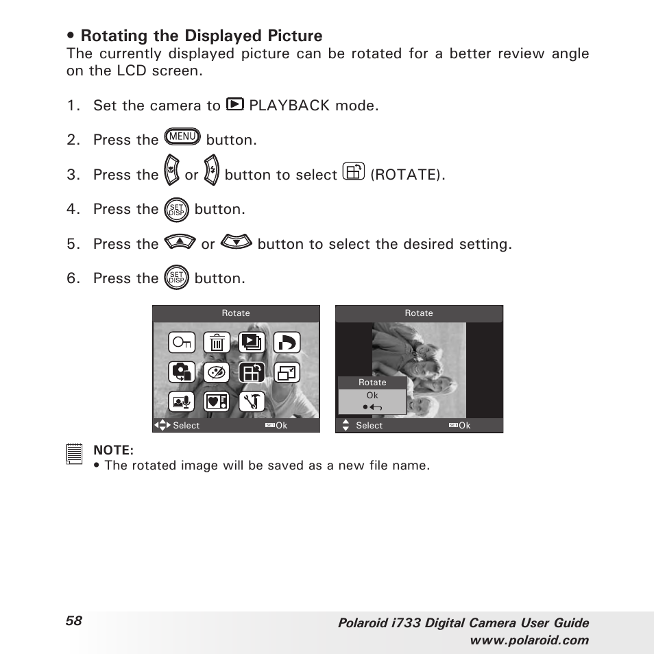 Rotating the displayed picture | Polaroid i733 User Manual | Page 58 / 105