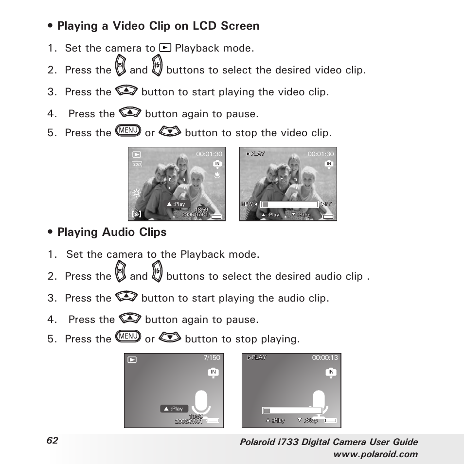 Playing a video clip on lcd screen, Playing audio clips | Polaroid i733 User Manual | Page 62 / 105