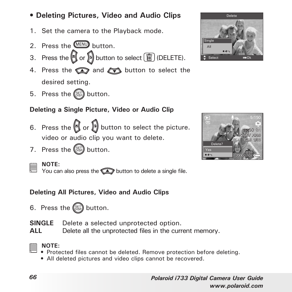 Deleting pictures, video and audio clips, Set the camera to the playback mode | Polaroid i733 User Manual | Page 66 / 105