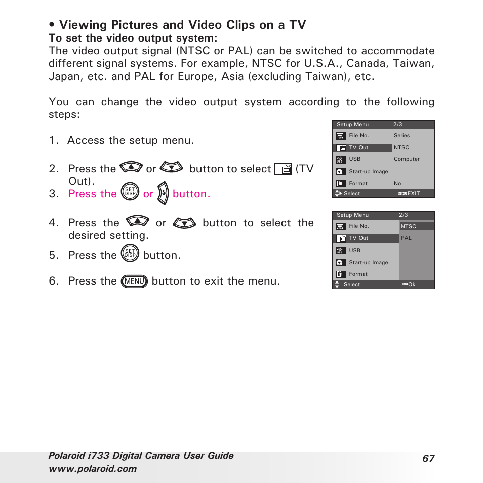 Viewing pictures and video clips on a tv, Press the button to exit the menu | Polaroid i733 User Manual | Page 67 / 105