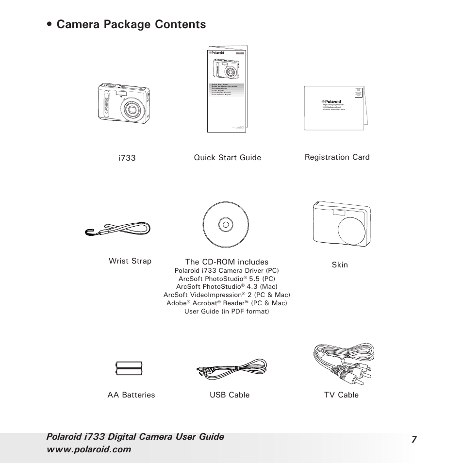 Camera package contents, Registration card, I733 the cd-rom includes | Skin quick start guide, Usb cable wrist strap aa batteries tv cable | Polaroid i733 User Manual | Page 7 / 105