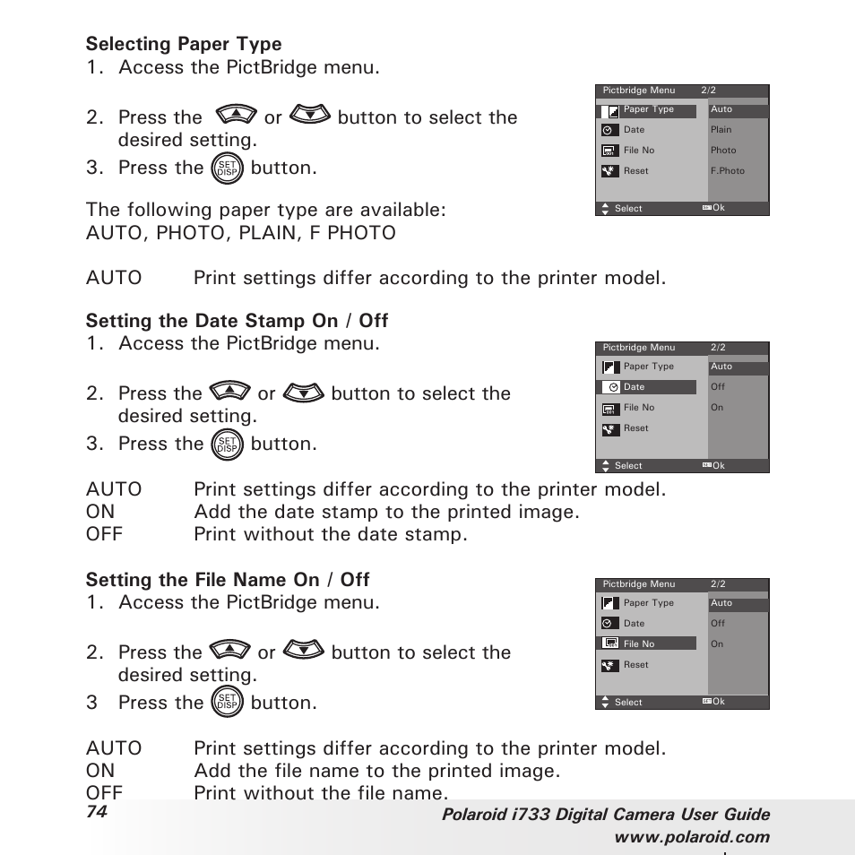 Selecting paper type 1. access the pictbridge menu | Polaroid i733 User Manual | Page 74 / 105