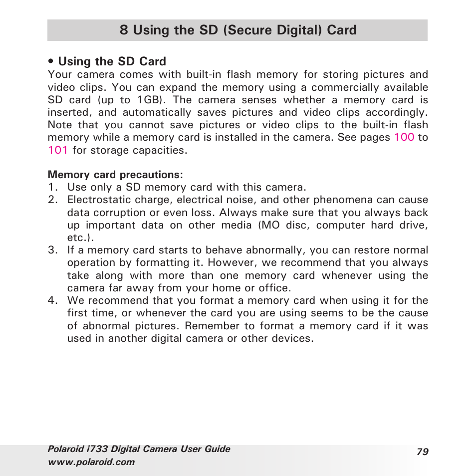 8 using the sd (secure digital) card | Polaroid i733 User Manual | Page 79 / 105