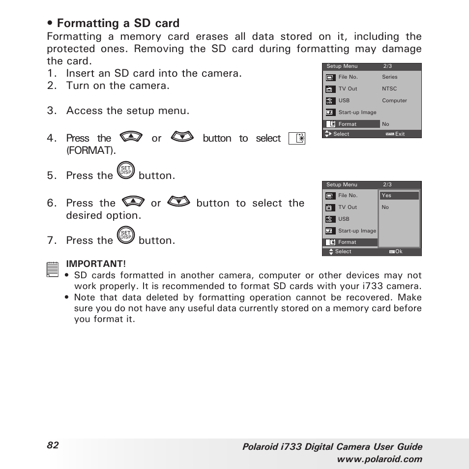 Formatting a sd card | Polaroid i733 User Manual | Page 82 / 105