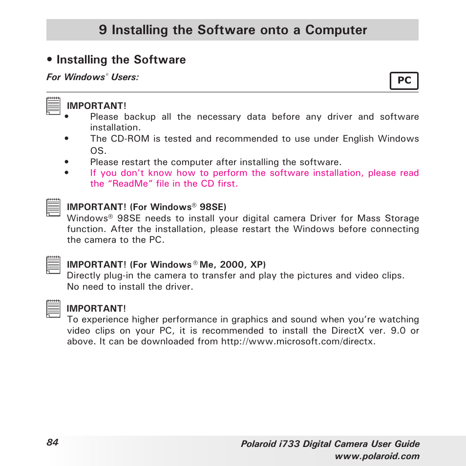 9 installing the software onto a computer, Installing the software | Polaroid i733 User Manual | Page 84 / 105