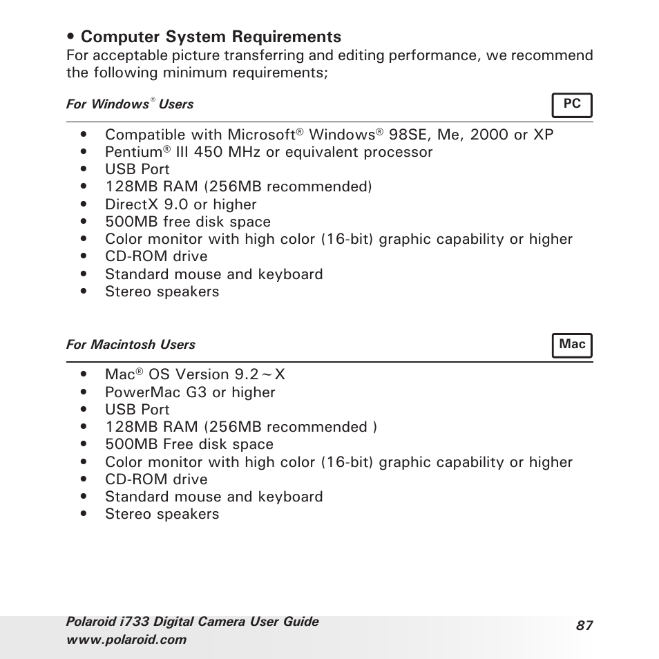 Computer system requirements | Polaroid i733 User Manual | Page 87 / 105