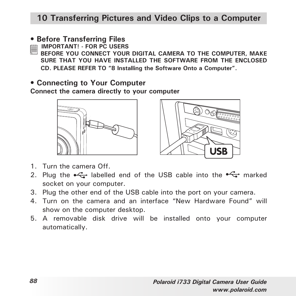 Before transferring files, Connecting to your computer | Polaroid i733 User Manual | Page 88 / 105