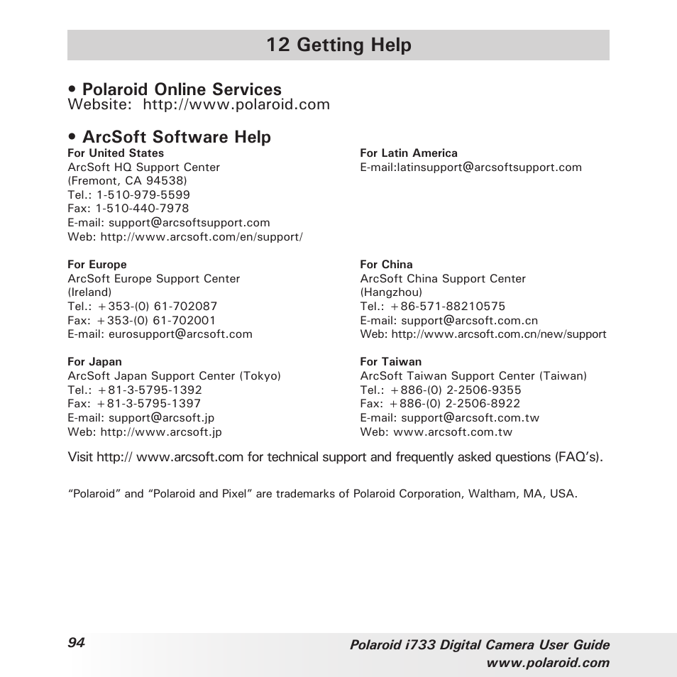 12 getting help, Polaroid online services, Arcsoft software help | Polaroid i733 User Manual | Page 94 / 105