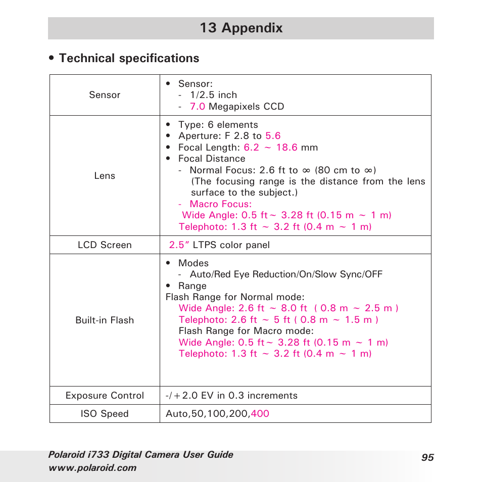 13 appendix, Technical specifications | Polaroid i733 User Manual | Page 95 / 105