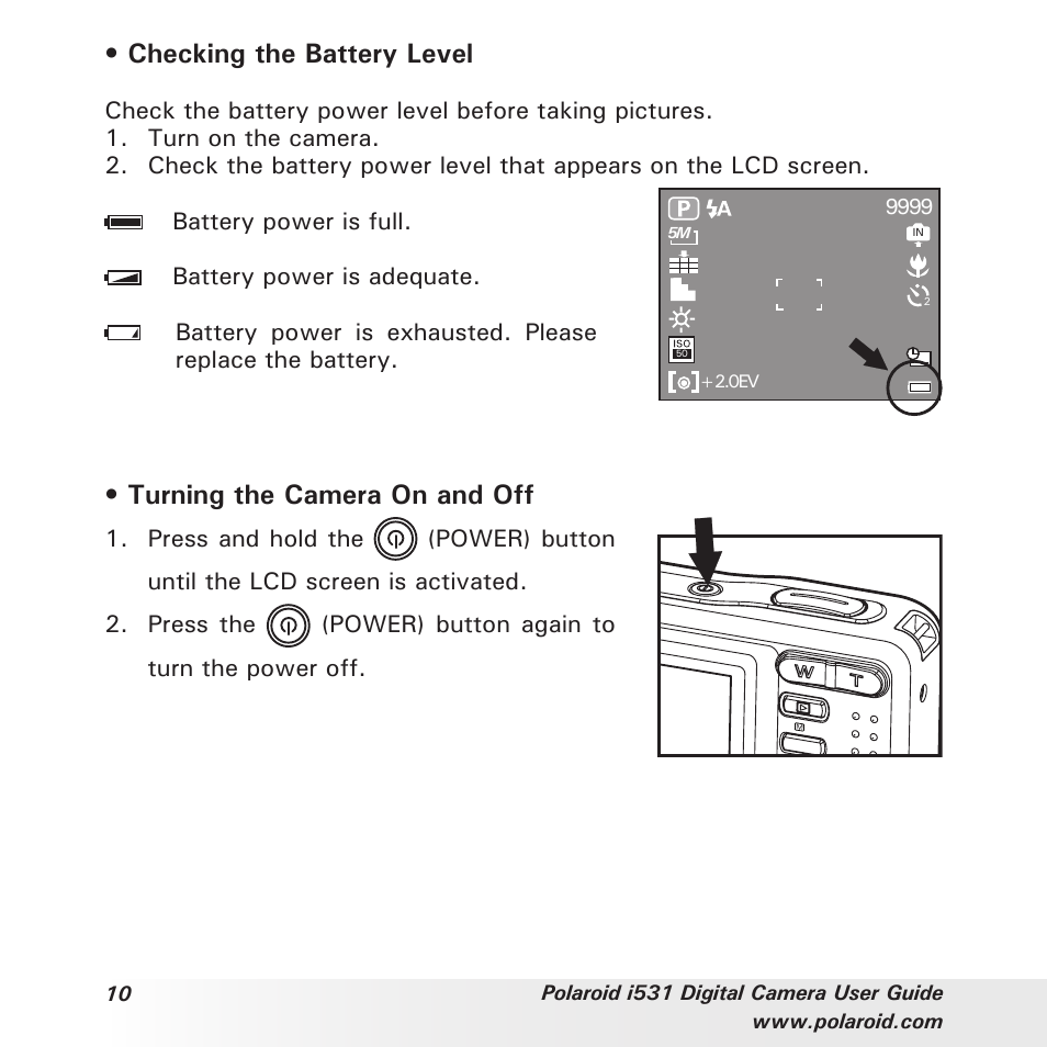 Checking the battery level, Turning the camera on and off | Polaroid i531 User Manual | Page 10 / 105