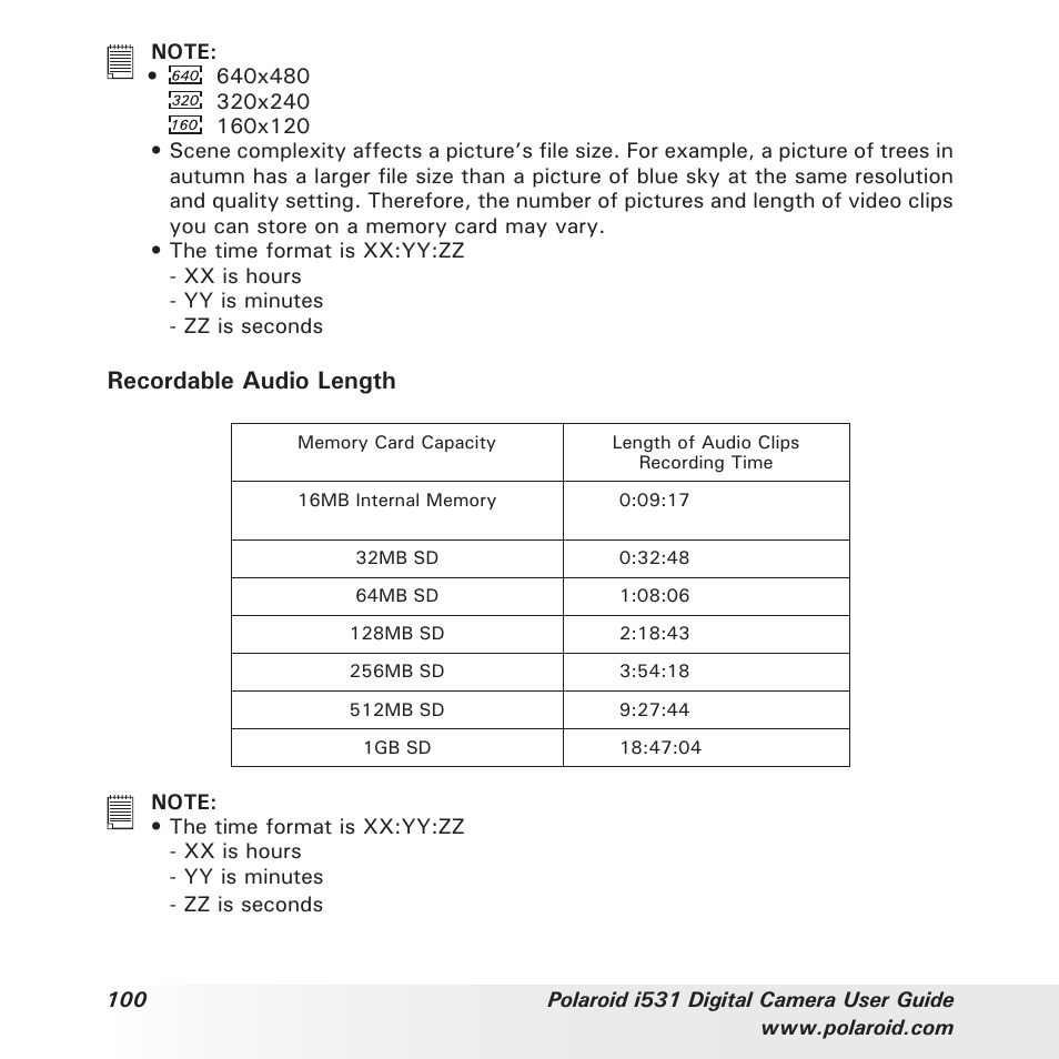 Recordable audio length | Polaroid i531 User Manual | Page 100 / 105