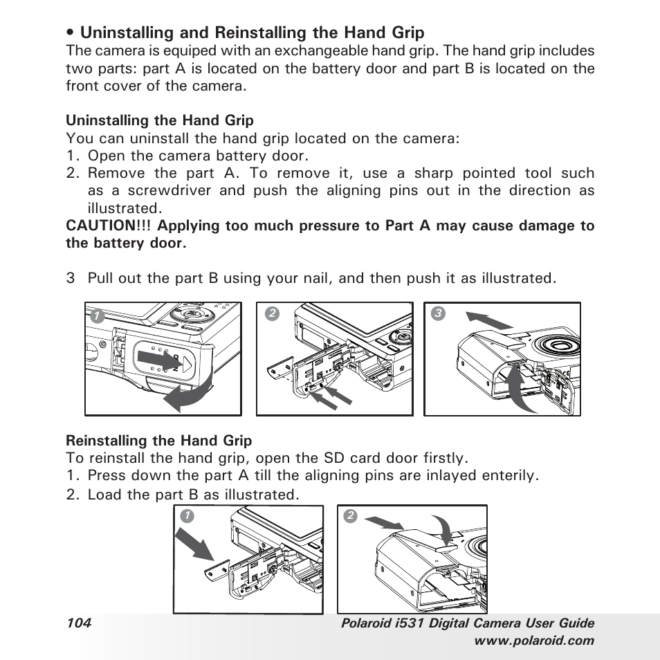 Uninstalling and reinstalling the hand grip | Polaroid i531 User Manual | Page 104 / 105