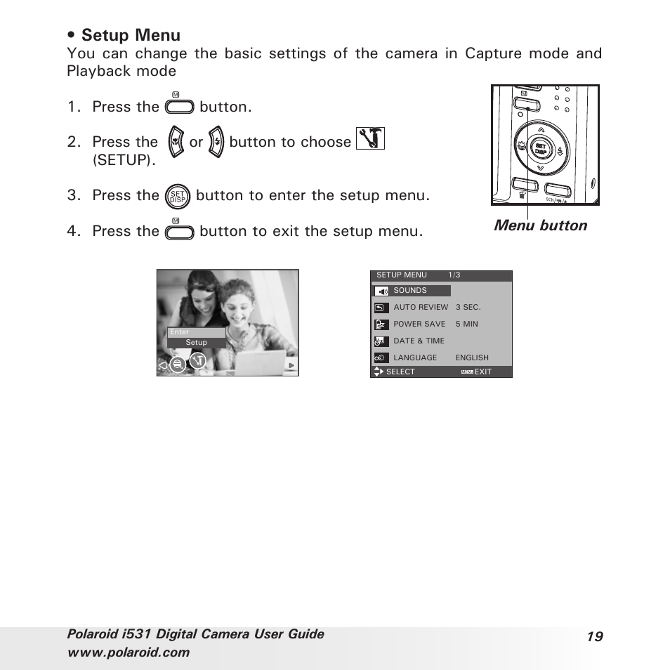 Setup menu | Polaroid i531 User Manual | Page 19 / 105