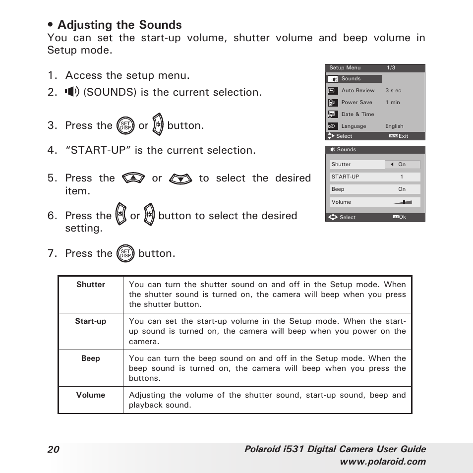 Adjusting the sounds | Polaroid i531 User Manual | Page 20 / 105