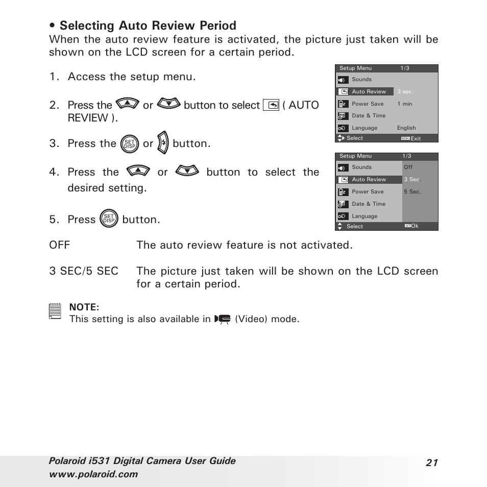 Selecting auto review period | Polaroid i531 User Manual | Page 21 / 105