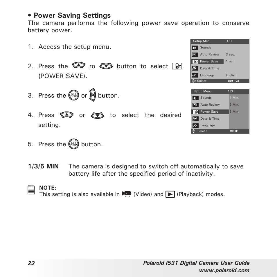 Power saving settings | Polaroid i531 User Manual | Page 22 / 105