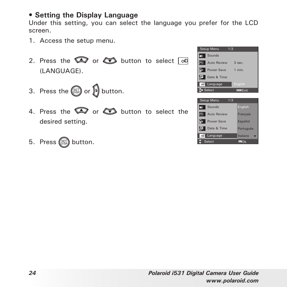 Setting the display language | Polaroid i531 User Manual | Page 24 / 105
