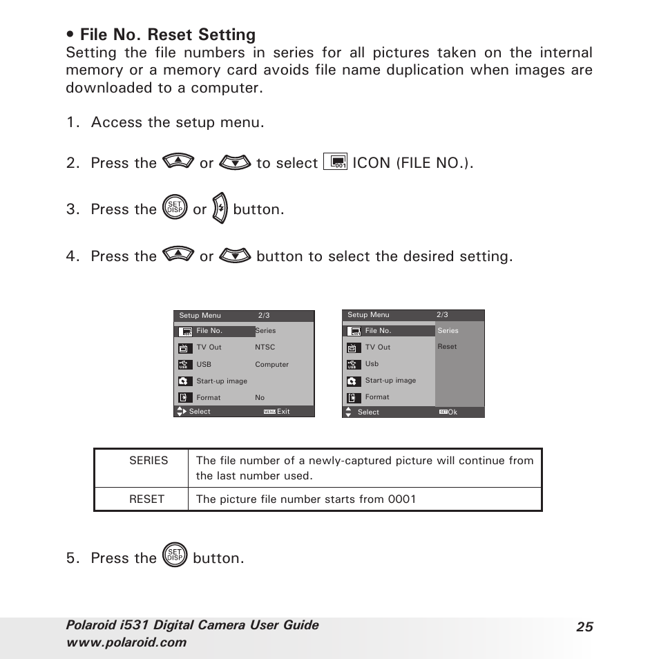 File no. reset setting, Press the button | Polaroid i531 User Manual | Page 25 / 105
